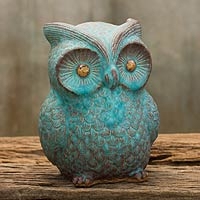 Ceramic statuette, 'Turquoise Blue Wise Owl'