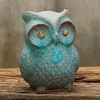 Ceramic statuette, 'Turquoise Blue Wise Owl' - Handcrafted Ceramic Owl Statuette