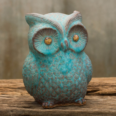 Ceramic statuette, Turquoise Blue Wise Owl