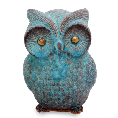 Ceramic statuette, 'Turquoise Blue Wise Owl' - Handcrafted Ceramic Owl Statuette