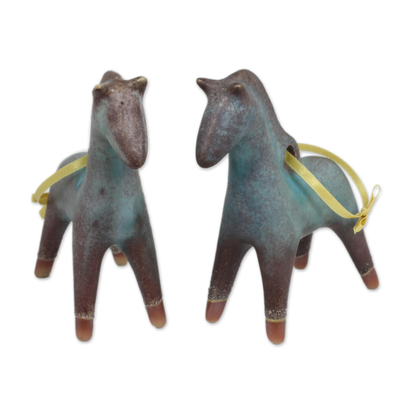 Celadon ceramic ornaments, 'Horses of Winter' (pair) - Antiqued Celadon Ceramic Christmas Ornaments (Pair)