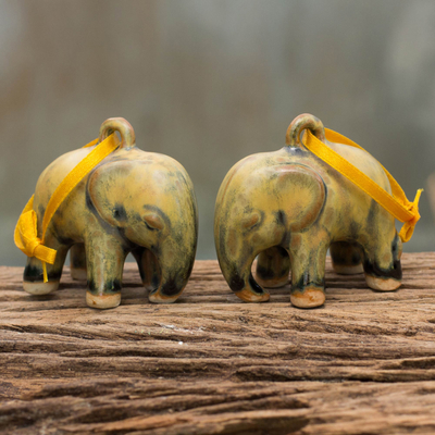 Celadon ceramic ornaments, 'Yellow Elephant' (pair) - Mottled Yellow Celadon Ceramic Ornaments (Pair)