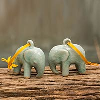 Celadon ceramic ornaments, 'Light Blue Elephant' (pair) - Crackled Green Celadon Ceramic Ornaments (Pair)