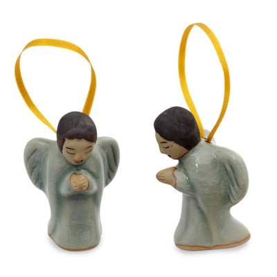 Celadon ceramic ornaments, 'Angels at Prayer' (pair) - Two Handcrafted Thai Celadon Ceramic Angel Ornaments