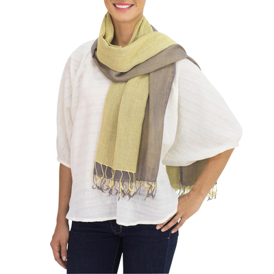 Cotton reversible scarf, 'Grey Yellow Duet' - Hand-woven 2-in-1 Cotton Reversible Scarf