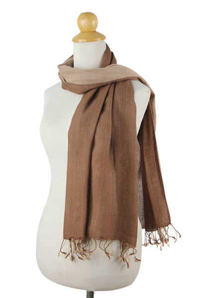 Cotton reversible scarf, 'Brown Beige Duet' - Hand-woven 2-in-1 Cotton Reversible Scarf