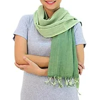 Cotton reversible scarf, 'Jade Green Duet' - 2-in-1 Hand-woven Cotton Reversible Scarf