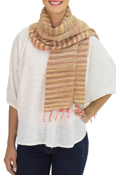 Cotton scarf, 'Rosewood Breeze' - Pink and Brown Hand-woven Cotton Scarf