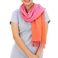 Cotton reversible scarf, 'Orange Pink Duet' - 2-in-1 Artisan-Crafted Reversible Scarf