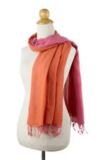 Cotton reversible scarf, 'Orange Pink Duet' - 2-in-1 Hand-woven Cotton Reversible Scarf
