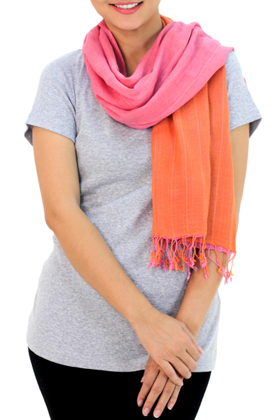 Cotton reversible scarf, 'Orange Pink Duet' - 2-in-1 Hand-woven Cotton Reversible Scarf