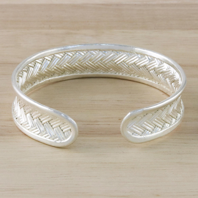 Sterling silver cuff bracelet, 'Slender Rattan' - Woven Silver Cuff