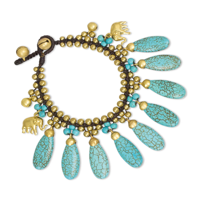 Brass charm bracelet, 'Siam Legacy II' - Brass Beaded Turquoise Colored Elephant Bracelet
