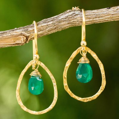 Gold plated dangle earrings, 'Green Minimalism' - Thai Gold Plated Handcrafted Earrings with Green Onyx