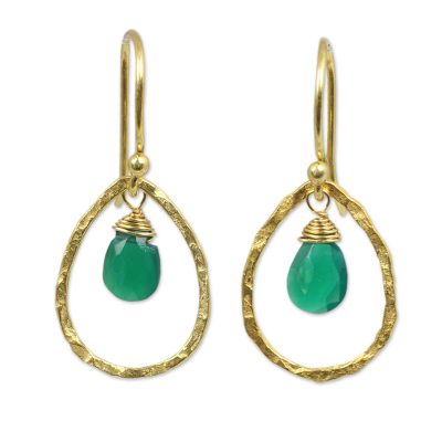 Gold plated dangle earrings, 'Green Minimalism' - Thai Gold Plated Handcrafted Earrings with Green Onyx