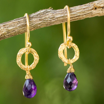 Gold plated amethyst dangle earrings, 'Lilac Suns' - Fair Trade Gold Plated Earrings with Amethysts