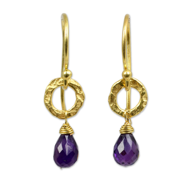 Gold plated amethyst dangle earrings, 'Lilac Suns' - Fair Trade Gold Plated Earrings with Amethysts
