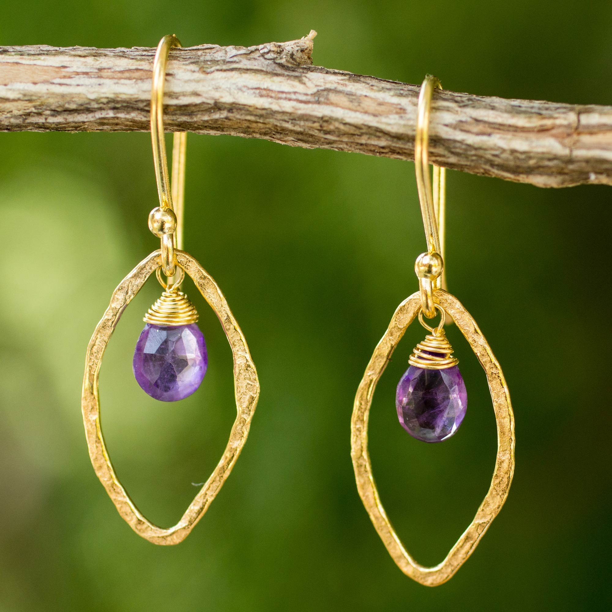 Gold Plated Handcrafted Earrings with Amethyst - Swinging Ellipses