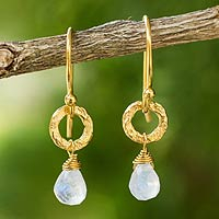 Gold plated moonstone dangle earrings, 'Dewy Suns' - Fair Trade Gold Plated Earrings with Moonstone