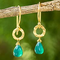 Gold plated dangle earrings, 'Verdant Suns' - Artisan Crafted Gold Plated and Green Onyx Dangle Earrings