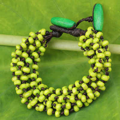 Wood beaded bracelet, 'Chartreuse' - Yellow Green Hand Knotted Beaded Bracelet