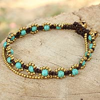 Calcite beaded bracelet, 'Serene Sky' - Hand Knotted Beaded Bracelet with Calcite and Brass Bells