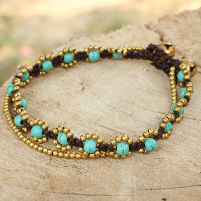 Calcite beaded bracelet, 'Serene Sky' - Hand Knotted Beaded Bracelet with Calcite and Brass Bells