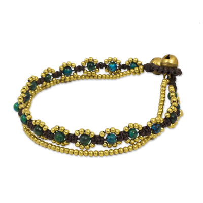 Serpentine beaded bracelet, 'Serene Forest' - Hand Knotted Beaded Bracelet with Serpentine and Brass Bells