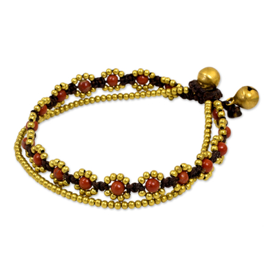 Jasper beaded bracelet, 'Fiery Sky' - Hand Knotted Beaded Bracelet with Jasper and Brass Bells