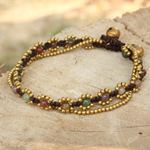 Jasper beaded bracelet, 'Festive Day' - Hand Knotted Jasper Beaded Bracelet with Brass Bell