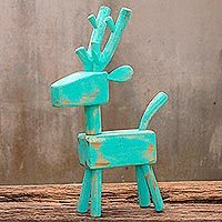 Wood sculpture, 'Turquoise Reindeer' - Naif Turquoise Reindeer Wood Sculpture from Thailand