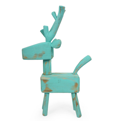 Wood sculpture, 'Turquoise Reindeer' - Naif Turquoise Reindeer Wood Sculpture from Thailand