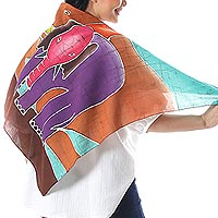 Cotton batik scarf, 'Winsome Elephants'
