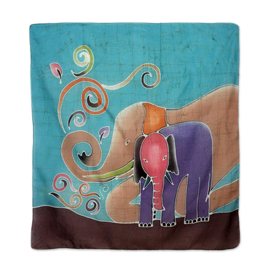 Cotton batik scarf, 'Winsome Elephants' - Thai Artisan Made Cotton Batik Scarf with Elephants