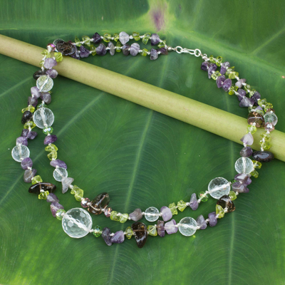 Amethyst and peridot beaded necklace, Lilac Garden