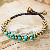 Calcite and brass beaded bracelet, 'Aqua Helix' - Turquoise Colored Thai Beaded Bracelet with Brass