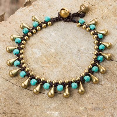 Calcite and brass beaded bracelet, 'Summer's Charm' - Blue Calcite and Brass Beaded Bracelet from Thailand