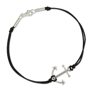 Leather pendant bracelet, 'Anchor of Hope' - Thai Sterling Silver and Black Leather Bracelet