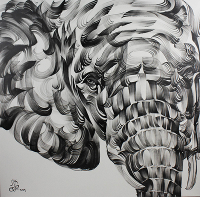 Monochrome Elephant Portrait Painting from Thailand - The Elephant | NOVICA