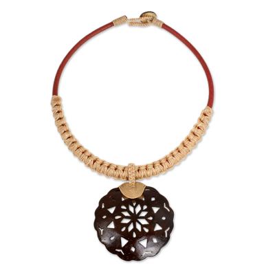 Handmade Leather Necklace with Coconut Shell Flower Pendant