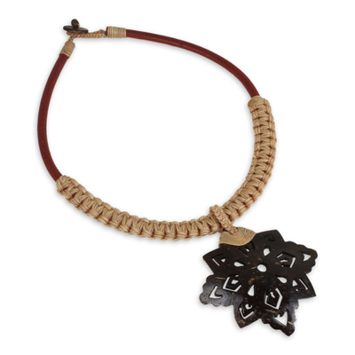 Leather and coconut shell flower necklace, 'Floral Tan' - Thai Leather Necklace with Coconut Shell Flower Pendant