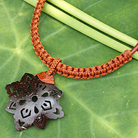 Leather and coconut shell flower necklace, 'Floral Brown'