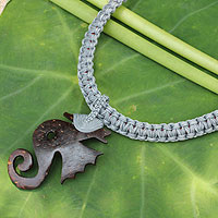 Leather and coconut shell flower necklace, 'Siam Seahorse in Grey'