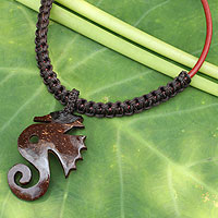 Leather and coconut shell flower necklace, 'Siam Seahorse in Dark Brown'