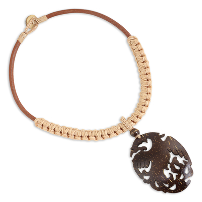 Coconut shell pendant necklace, 'Thai Phoenix in Light Tan' - Hand Carved Coconut Shell Pendant on Leather Necklace