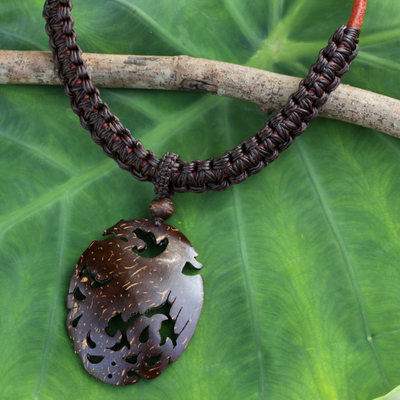 Coconut shell pendant necklace, Thai Phoenix in Dark Brown