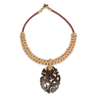 Leather and coconut shell flower necklace, 'China Rose in Tan' - Thai Hand Crafted Leather and Coconut Shell Necklace