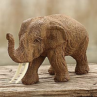 Wood elephant statuette, 'Teak Elephant' - Hand-Carved Teak Wood Elephant Statuette from Thailand