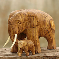 Teak wood elephant statuette, 'Mother and Baby Elephant'