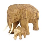 Teak wood elephant statuette, 'Mother and Baby Elephant' - Original Carved Teak Wood Mother and Baby Elephant Sculpture